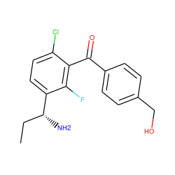 CC[C@@H](N)c1ccc(Cl)c(C(=O)c2ccc(CO)cc2)c1F ZINC000220713029