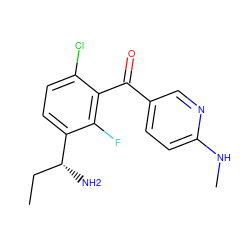 CC[C@@H](N)c1ccc(Cl)c(C(=O)c2ccc(NC)nc2)c1F ZINC001772592987