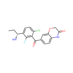 CC[C@@H](N)c1ccc(Cl)c(C(=O)c2ccc3c(c2)OCC(=O)N3)c1F ZINC000220745820