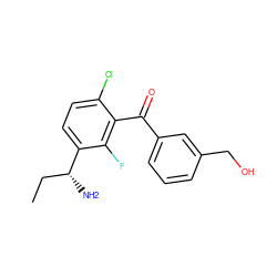 CC[C@@H](N)c1ccc(Cl)c(C(=O)c2cccc(CO)c2)c1F ZINC001772630161