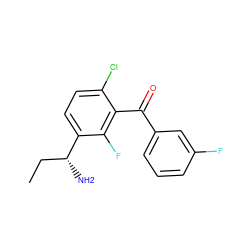 CC[C@@H](N)c1ccc(Cl)c(C(=O)c2cccc(F)c2)c1F ZINC001772618585