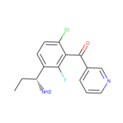 CC[C@@H](N)c1ccc(Cl)c(C(=O)c2cccnc2)c1F ZINC000220713564