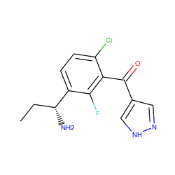 CC[C@@H](N)c1ccc(Cl)c(C(=O)c2cn[nH]c2)c1F ZINC001772622572