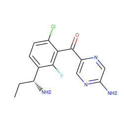 CC[C@@H](N)c1ccc(Cl)c(C(=O)c2cnc(N)cn2)c1F ZINC000220703204