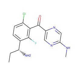 CC[C@@H](N)c1ccc(Cl)c(C(=O)c2cnc(NC)cn2)c1F ZINC001772606384