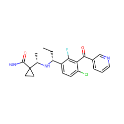 CC[C@@H](N[C@@H](C)C1(C(N)=O)CC1)c1ccc(Cl)c(C(=O)c2cccnc2)c1F ZINC000220698576