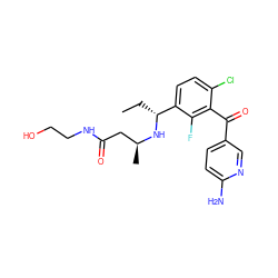 CC[C@@H](N[C@@H](C)CC(=O)NCCO)c1ccc(Cl)c(C(=O)c2ccc(N)nc2)c1F ZINC001772609138