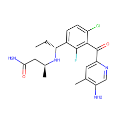 CC[C@@H](N[C@@H](C)CC(N)=O)c1ccc(Cl)c(C(=O)c2cc(C)c(N)cn2)c1F ZINC001772649033