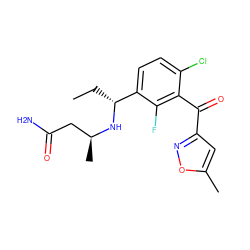 CC[C@@H](N[C@@H](C)CC(N)=O)c1ccc(Cl)c(C(=O)c2cc(C)on2)c1F ZINC001772576264