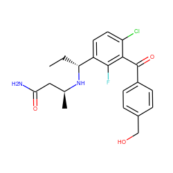 CC[C@@H](N[C@@H](C)CC(N)=O)c1ccc(Cl)c(C(=O)c2ccc(CO)cc2)c1F ZINC000220747581