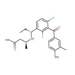 CC[C@@H](N[C@@H](C)CC(N)=O)c1ccc(Cl)c(C(=O)c2ccc(N)c(C)c2)c1F ZINC001772602180