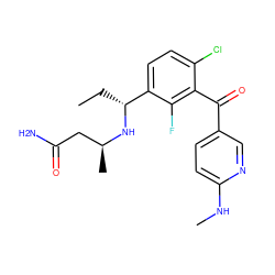 CC[C@@H](N[C@@H](C)CC(N)=O)c1ccc(Cl)c(C(=O)c2ccc(NC)nc2)c1F ZINC001772601856