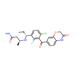 CC[C@@H](N[C@@H](C)CC(N)=O)c1ccc(Cl)c(C(=O)c2ccc3c(c2)OCC(=O)N3)c1F ZINC001772602995