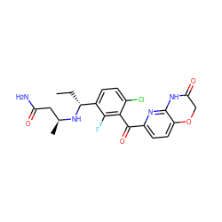 CC[C@@H](N[C@@H](C)CC(N)=O)c1ccc(Cl)c(C(=O)c2ccc3c(n2)NC(=O)CO3)c1F ZINC001772576053