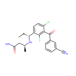 CC[C@@H](N[C@@H](C)CC(N)=O)c1ccc(Cl)c(C(=O)c2cccc(C#N)c2)c1F ZINC001772588422