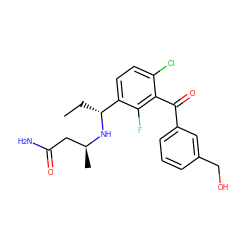 CC[C@@H](N[C@@H](C)CC(N)=O)c1ccc(Cl)c(C(=O)c2cccc(CO)c2)c1F ZINC001772609804