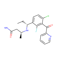 CC[C@@H](N[C@@H](C)CC(N)=O)c1ccc(Cl)c(C(=O)c2ccccn2)c1F ZINC001772589931