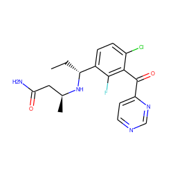 CC[C@@H](N[C@@H](C)CC(N)=O)c1ccc(Cl)c(C(=O)c2ccncn2)c1F ZINC001772599200