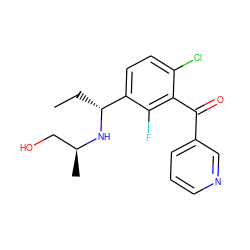 CC[C@@H](N[C@@H](C)CO)c1ccc(Cl)c(C(=O)c2cccnc2)c1F ZINC001772635252