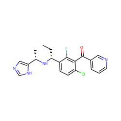 CC[C@@H](N[C@@H](C)c1cnc[nH]1)c1ccc(Cl)c(C(=O)c2cccnc2)c1F ZINC001772570074