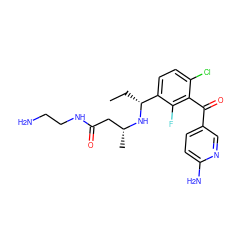 CC[C@@H](N[C@H](C)CC(=O)NCCN)c1ccc(Cl)c(C(=O)c2ccc(N)nc2)c1F ZINC001772630310