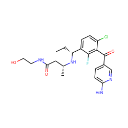 CC[C@@H](N[C@H](C)CC(=O)NCCO)c1ccc(Cl)c(C(=O)c2ccc(N)nc2)c1F ZINC001772627727