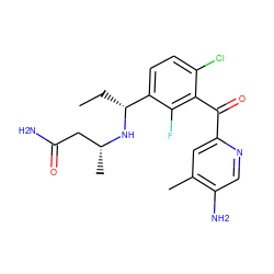 CC[C@@H](N[C@H](C)CC(N)=O)c1ccc(Cl)c(C(=O)c2cc(C)c(N)cn2)c1F ZINC001772647464