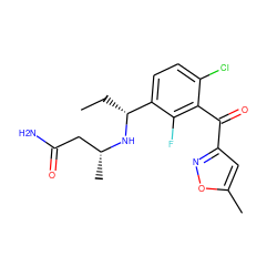 CC[C@@H](N[C@H](C)CC(N)=O)c1ccc(Cl)c(C(=O)c2cc(C)on2)c1F ZINC001772571891