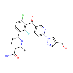 CC[C@@H](N[C@H](C)CC(N)=O)c1ccc(Cl)c(C(=O)c2ccc(-n3cc(CO)cn3)nc2)c1F ZINC001772601307