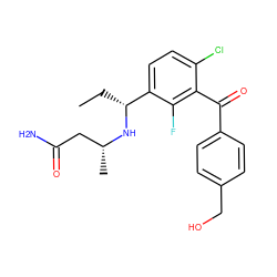 CC[C@@H](N[C@H](C)CC(N)=O)c1ccc(Cl)c(C(=O)c2ccc(CO)cc2)c1F ZINC001772610904