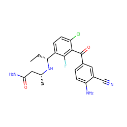 CC[C@@H](N[C@H](C)CC(N)=O)c1ccc(Cl)c(C(=O)c2ccc(N)c(C#N)c2)c1F ZINC001772640879