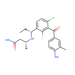 CC[C@@H](N[C@H](C)CC(N)=O)c1ccc(Cl)c(C(=O)c2ccc(N)c(C)c2)c1F ZINC001772601189