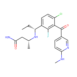 CC[C@@H](N[C@H](C)CC(N)=O)c1ccc(Cl)c(C(=O)c2ccc(NC)nc2)c1F ZINC001772650455