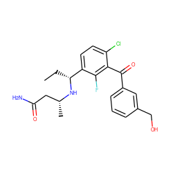 CC[C@@H](N[C@H](C)CC(N)=O)c1ccc(Cl)c(C(=O)c2cccc(CO)c2)c1F ZINC001772613602