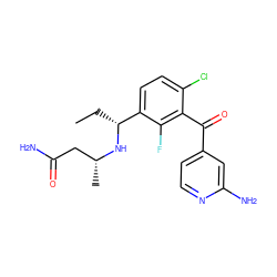 CC[C@@H](N[C@H](C)CC(N)=O)c1ccc(Cl)c(C(=O)c2ccnc(N)c2)c1F ZINC001772603931