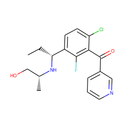 CC[C@@H](N[C@H](C)CO)c1ccc(Cl)c(C(=O)c2cccnc2)c1F ZINC001772657618