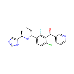 CC[C@@H](N[C@H](C)c1cnc[nH]1)c1ccc(Cl)c(C(=O)c2cccnc2)c1F ZINC001772575652