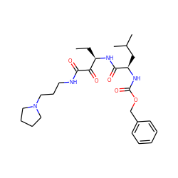 CC[C@@H](NC(=O)[C@@H](CC(C)C)NC(=O)OCc1ccccc1)C(=O)C(=O)NCCCN1CCCC1 ZINC000027423991