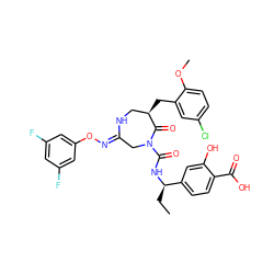 CC[C@@H](NC(=O)N1C/C(=N/Oc2cc(F)cc(F)c2)NC[C@@H](Cc2cc(Cl)ccc2OC)C1=O)c1ccc(C(=O)O)c(O)c1 ZINC000169707593