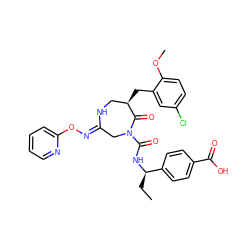 CC[C@@H](NC(=O)N1C/C(=N/Oc2ccccn2)NC[C@@H](Cc2cc(Cl)ccc2OC)C1=O)c1ccc(C(=O)O)cc1 ZINC000169707559