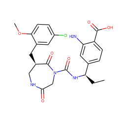 CC[C@@H](NC(=O)N1CC(=O)NC[C@@H](Cc2cc(Cl)ccc2OC)C1=O)c1ccc(C(=O)O)c(N)c1 ZINC000028895181