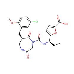 CC[C@@H](NC(=O)N1CC(=O)NC[C@@H](Cc2cc(Cl)ccc2OC)C1=O)c1ccc(C(=O)O)o1 ZINC000096272346