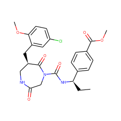 CC[C@@H](NC(=O)N1CC(=O)NC[C@@H](Cc2cc(Cl)ccc2OC)C1=O)c1ccc(C(=O)OC)cc1 ZINC000028895136