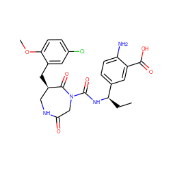 CC[C@@H](NC(=O)N1CC(=O)NC[C@@H](Cc2cc(Cl)ccc2OC)C1=O)c1ccc(N)c(C(=O)O)c1 ZINC000028895285