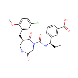 CC[C@@H](NC(=O)N1CC(=O)NC[C@@H](Cc2cc(Cl)ccc2OC)C1=O)c1cccc(C(=O)O)c1 ZINC000028895211