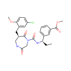 CC[C@@H](NC(=O)N1CC(=O)NC[C@@H](Cc2cc(Cl)ccc2OC)C1=O)c1cccc(C(=O)OC)c1 ZINC000028895239