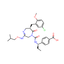 CC[C@@H](NC(=O)N1CC(NOCC(C)C)=NC[C@@H](Cc2cc(Cl)ccc2OC)C1=O)c1ccc(C(=O)O)cc1 ZINC000219500714