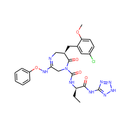 CC[C@@H](NC(=O)N1CC(NOc2ccccc2)=NC[C@@H](Cc2cc(Cl)ccc2OC)C1=O)C(=O)Nc1nn[nH]n1 ZINC000219470508