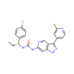 CC[C@@H](NC(=O)Nc1cc2[nH]nc(-c3ccnc(C)c3)c2cn1)c1ccc(Cl)cc1 ZINC000261099797