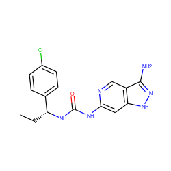 CC[C@@H](NC(=O)Nc1cc2[nH]nc(N)c2cn1)c1ccc(Cl)cc1 ZINC001772617426